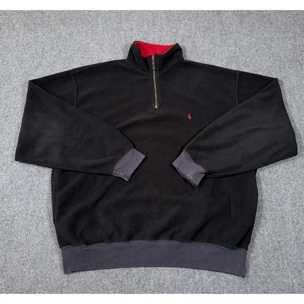 Vintage 90s Polo Ralph Lauren Fleece 1/4 Zip Men's Large Black Red Pony